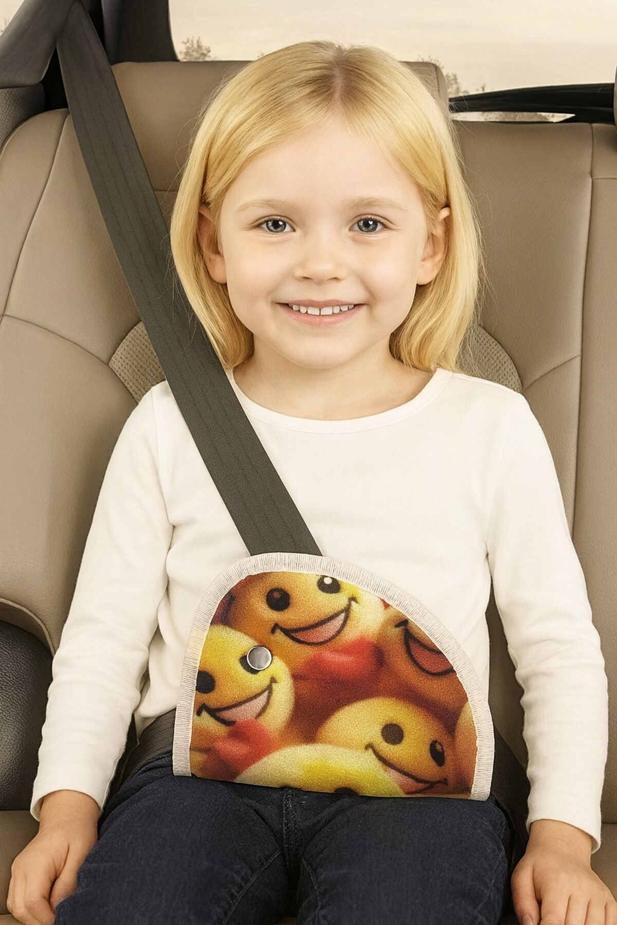 Çocuk Emniyet Kemeri Düzenleyici Ve Tutucu Emniyet Kemer Pedi(GÜLEN EMOJİ) Yumuşak kumaş