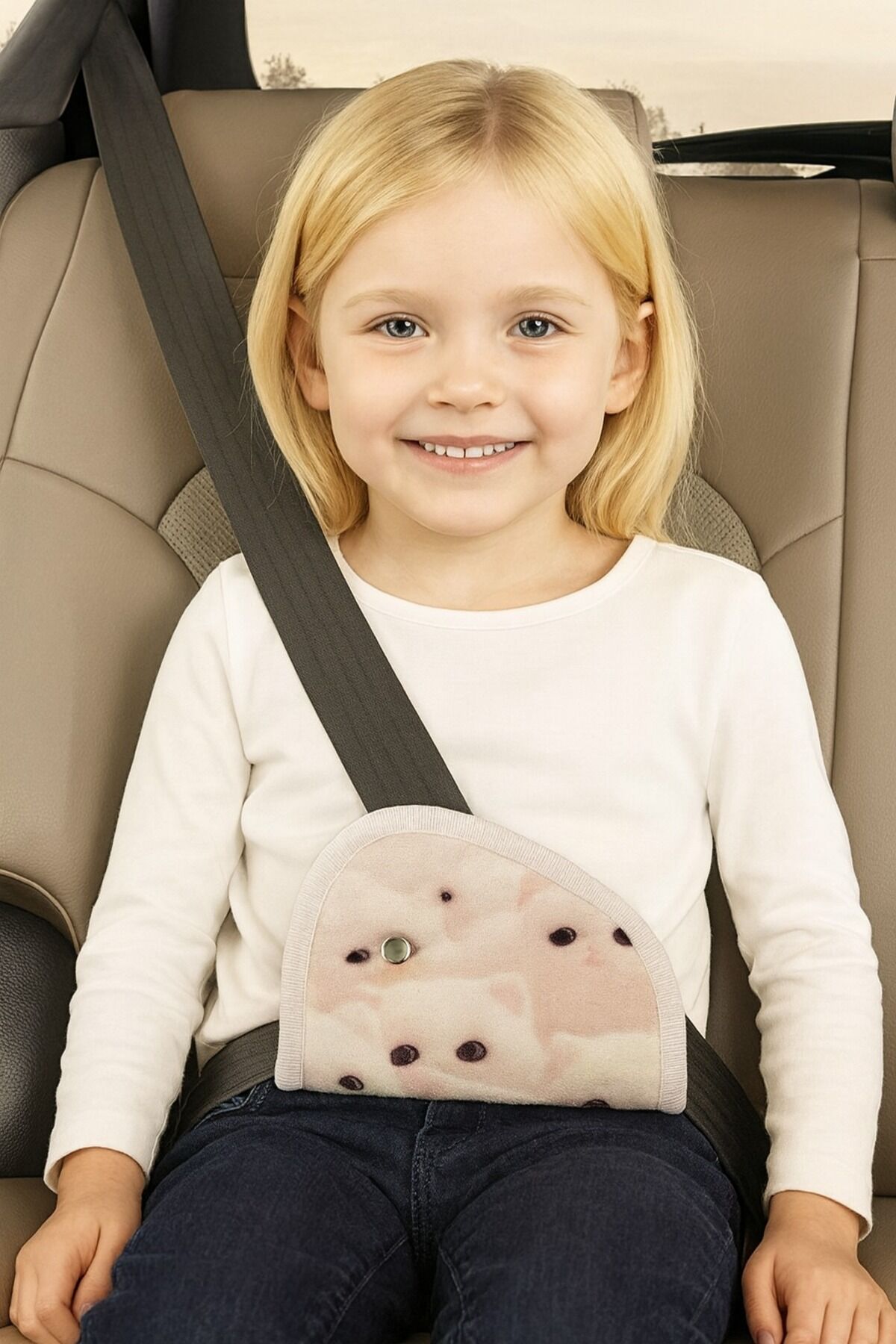 Çocuk Emniyet Kemeri Düzenleyici Ve Tutucu Emniyet Kemer Pedi(BEYAZ KEDİ GÖRSELLİ) Yumuşak kumaş