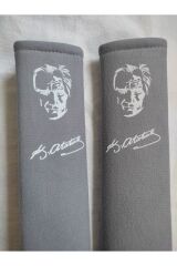 DİJİTAL ATATÜRK BASKILI BEYAZ BASKI -GRİ Araç Emniyet Koltuk Kemer Kılıfı & Ped 2 ADET YUMUŞAK KUMAŞ