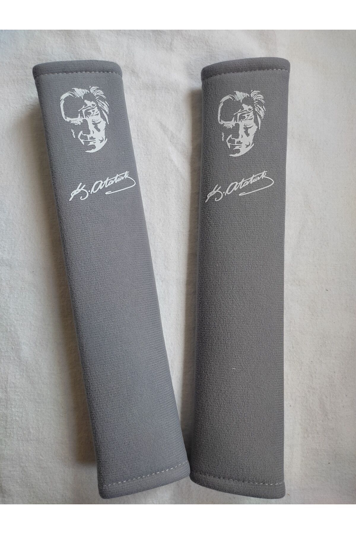 DİJİTAL ATATÜRK BASKILI BEYAZ BASKI -GRİ Araç Emniyet Koltuk Kemer Kılıfı & Ped 2 ADET YUMUŞAK KUMAŞ