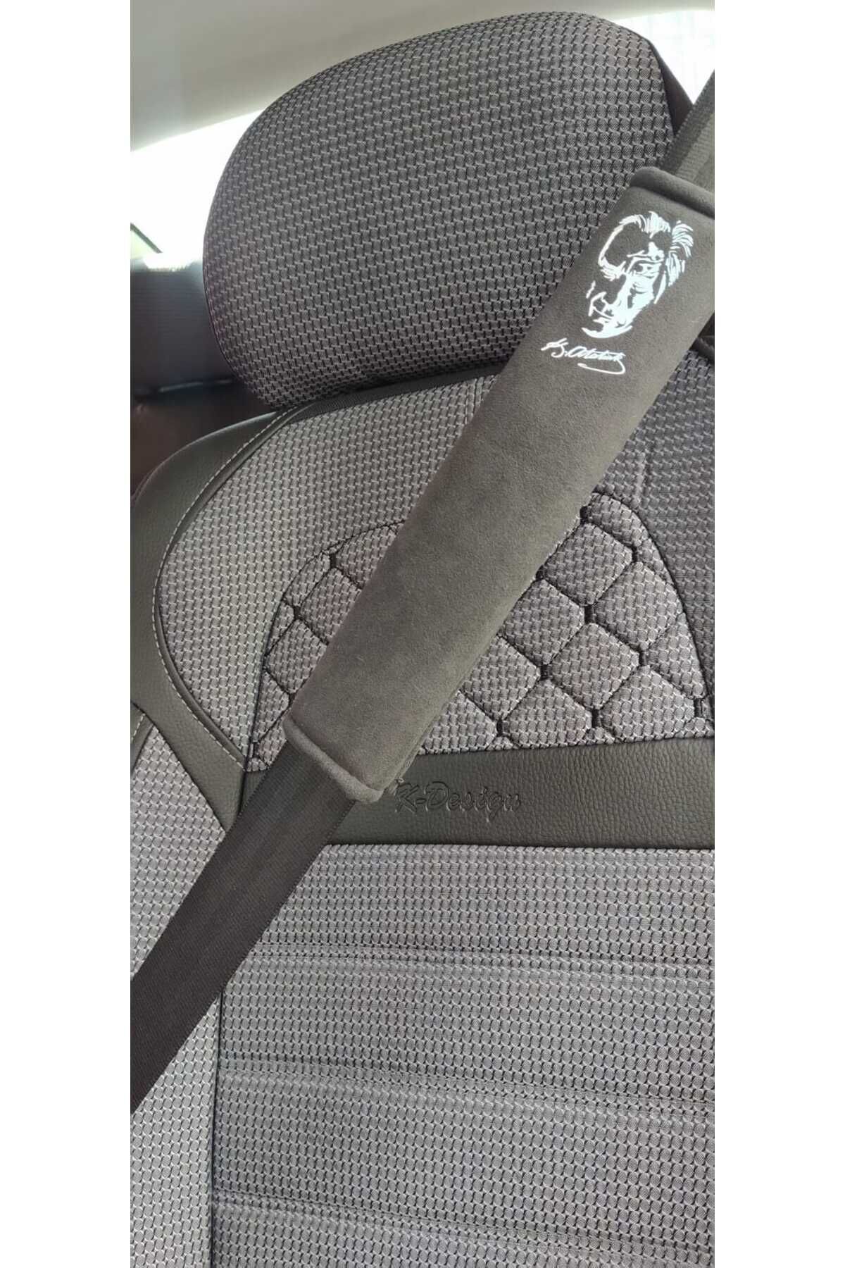 Atatürk SLÜET Baskı (BEYAZ BASKI) FÜME RENK  Alkantara Araç Emniyet  Kemer Kılıfı & Pedi (2 ADET)