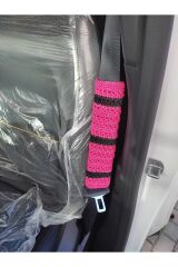 El Örgüsü Pembe Siyah Makrome Araç Emniyet Kemeri Kılıfı Seti, Çiçek Desenli, Konforlu ve Koruyucu