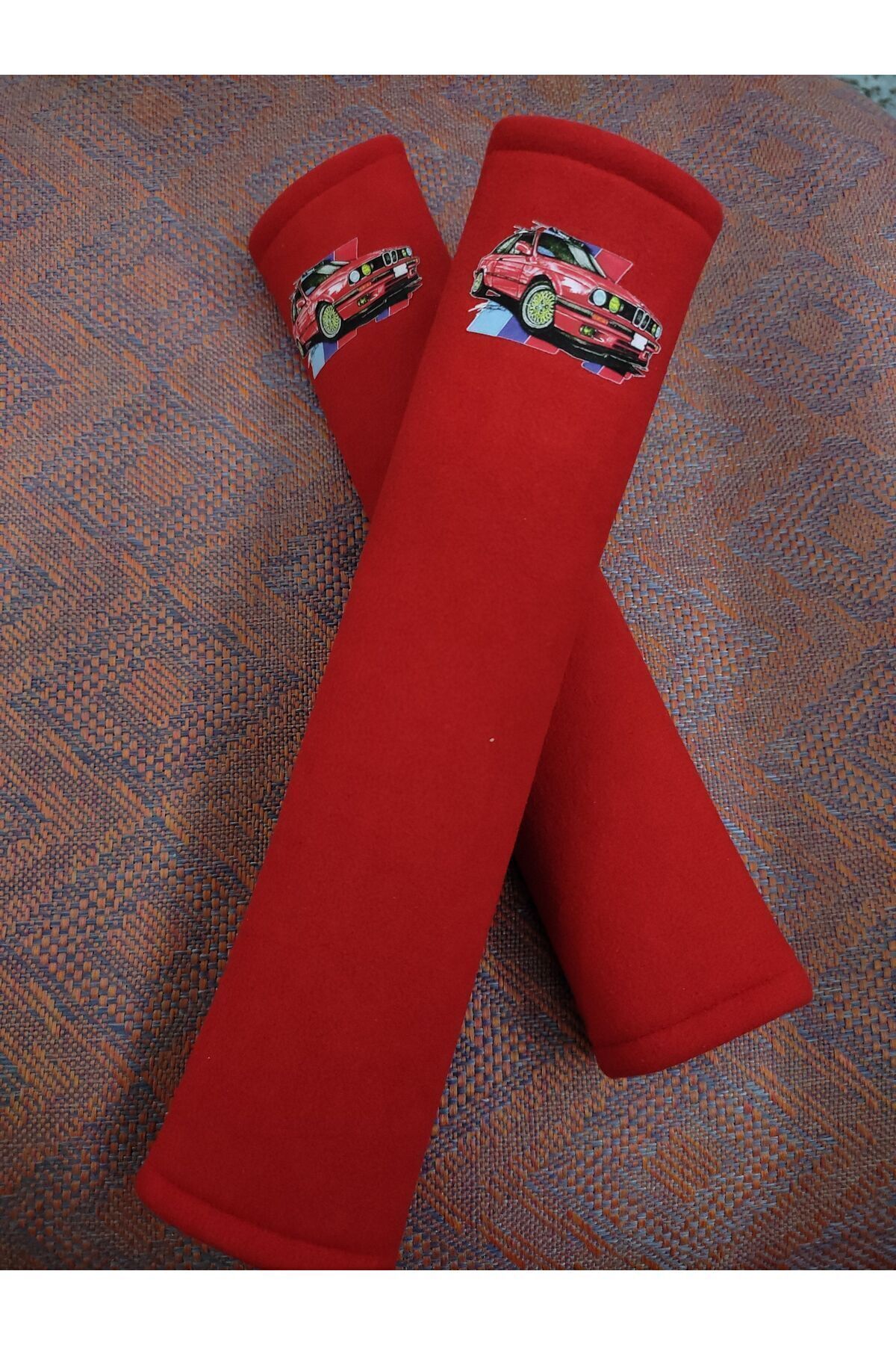 DİJİTAL NOSTALJİK BASKILI KIRMIZI Araç Emniyet Koltuk Kemer Kılıfı & Ped 2 ADET (DÜZ YUMUŞAK KUMAŞ)
