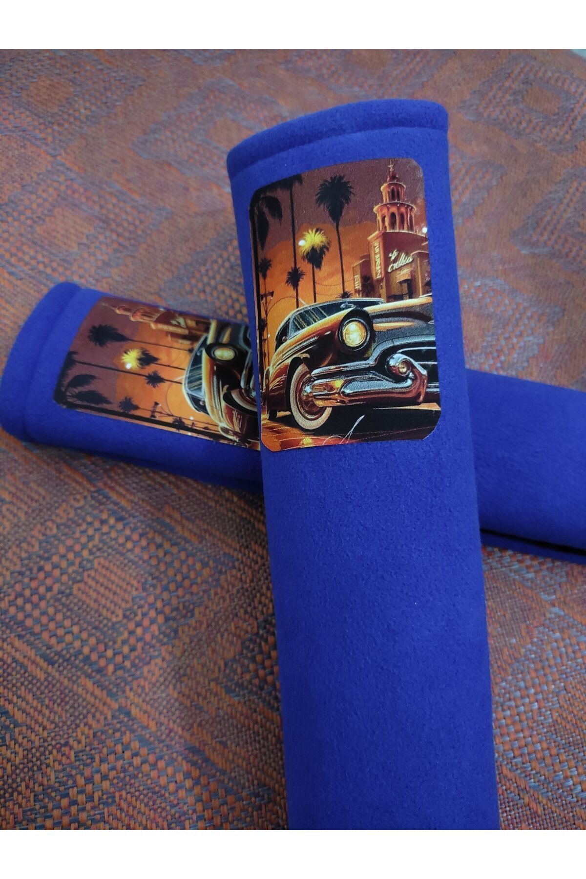 DİJİTAL NOSTALJİK BASKILI MAVİ Araç Emniyet Koltuk Kemer Kılıfı & Ped 2 ADET (DÜZ YUMUŞAK KUMAŞ)