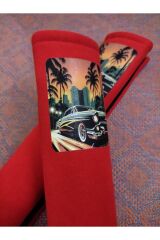 DİJİTAL NOSTALJİK BASKILI KIRMIZI Araç Emniyet Koltuk Kemer Kılıfı & Ped 2 ADET (DÜZ YUMUŞAK KUMAŞ)