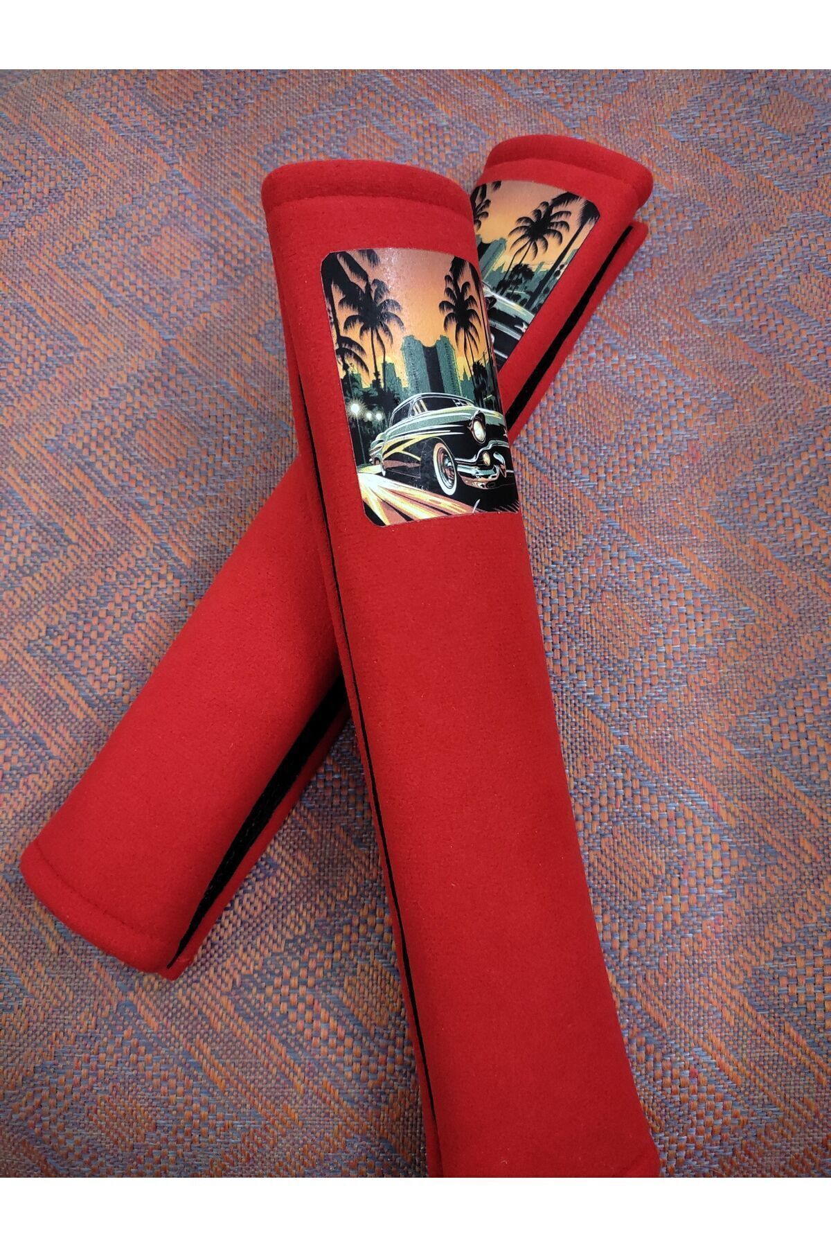 DİJİTAL NOSTALJİK BASKILI KIRMIZI Araç Emniyet Koltuk Kemer Kılıfı & Ped 2 ADET (DÜZ YUMUŞAK KUMAŞ)
