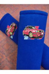 DİJİTAL NOSTALJİK BASKILI MAVİ Araç Emniyet Koltuk Kemer Kılıfı & Ped 2 ADET (DÜZ YUMUŞAK KUMAŞ)