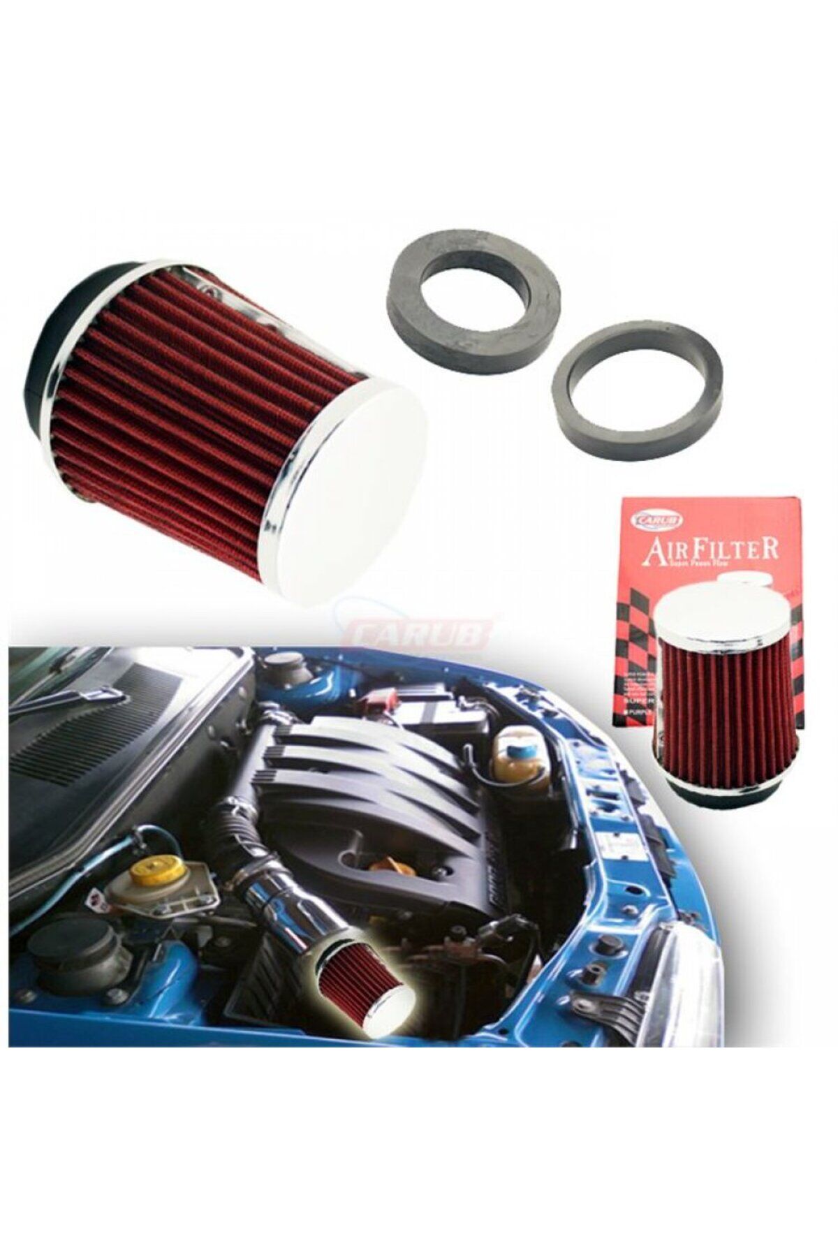 Carub Ses ve Performans Arttırıcı Açık Hava Filtresi +6 Hp Kırmızı Aparatlı Üniversal 2 APARATLI