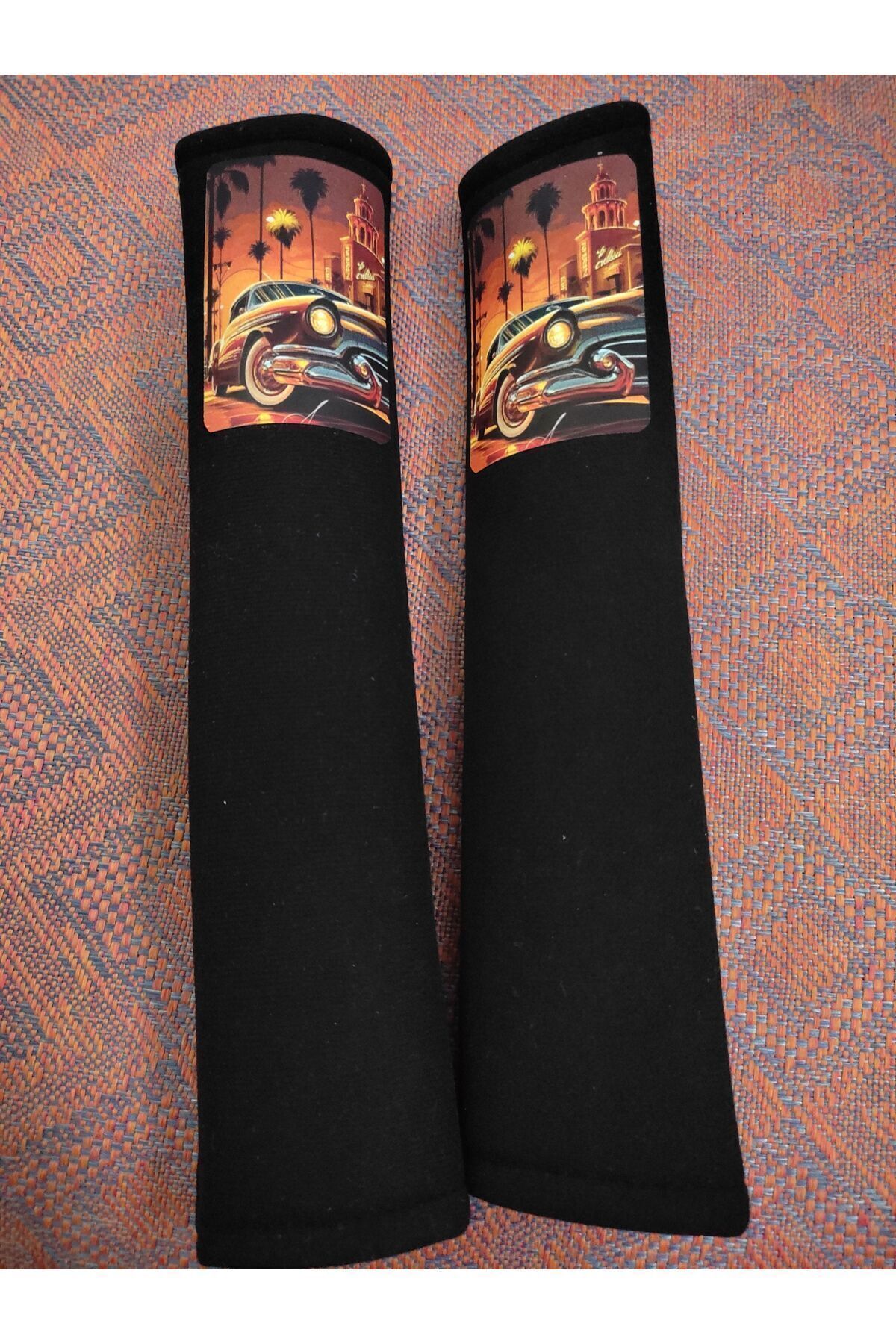 DİJİTAL NOSTALJİK BASKILI SİYAH Araç Emniyet Koltuk Kemer Kılıfı & Ped 2 ADET (DÜZ YUMUŞAK KUMAŞ)